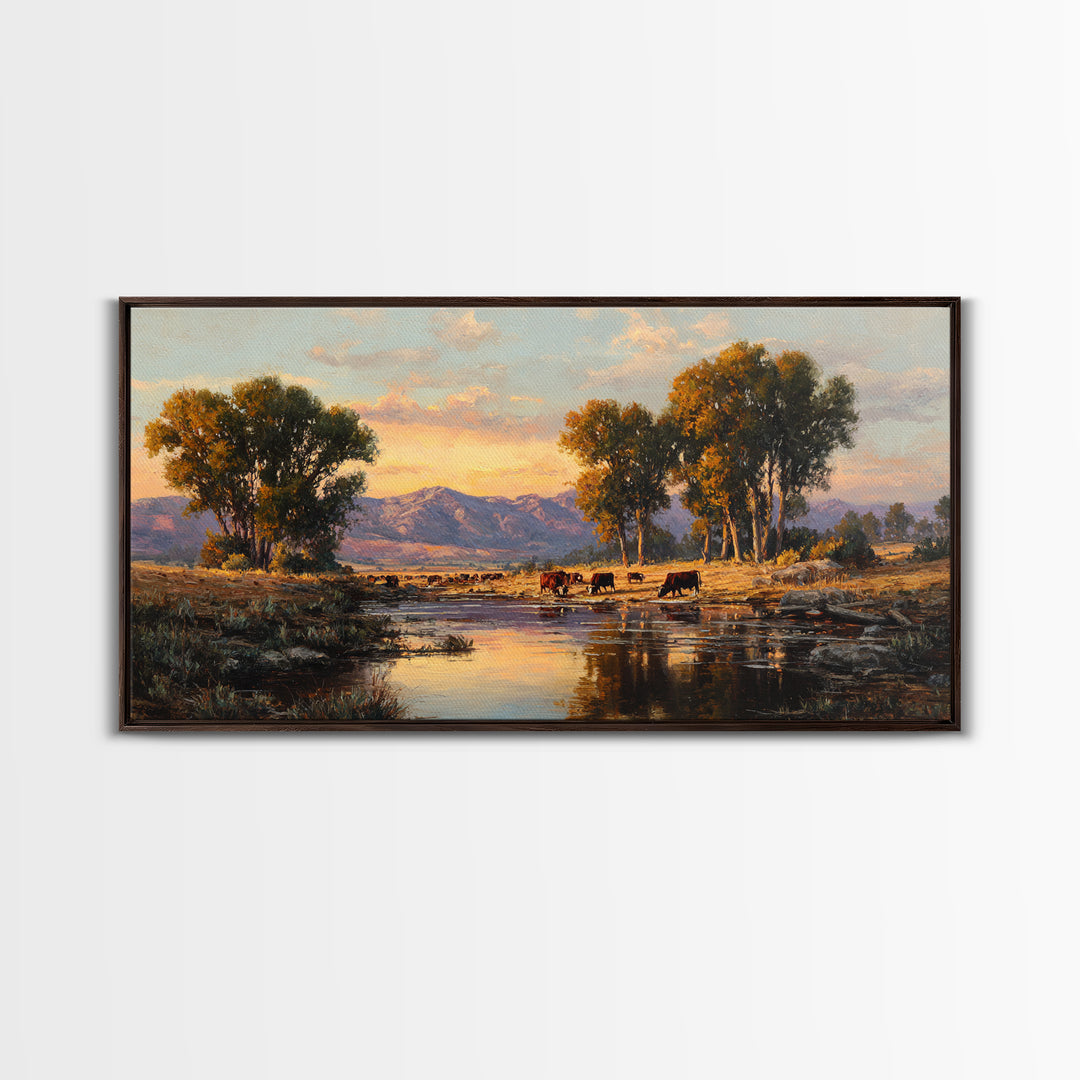 Warm Sunset Over Mountains Large Landscape Wall Art Framed Canvas Print Rustic Nature Home Decor