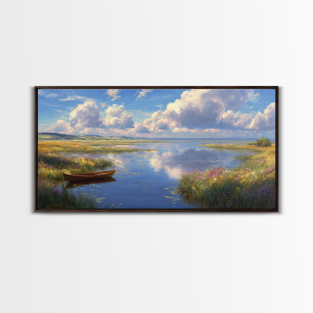 Tranquil Lake Landscape With A Wooden Rowboat in Soft Light Wall Art Framed Canvas Print for Living Room Decor and Home