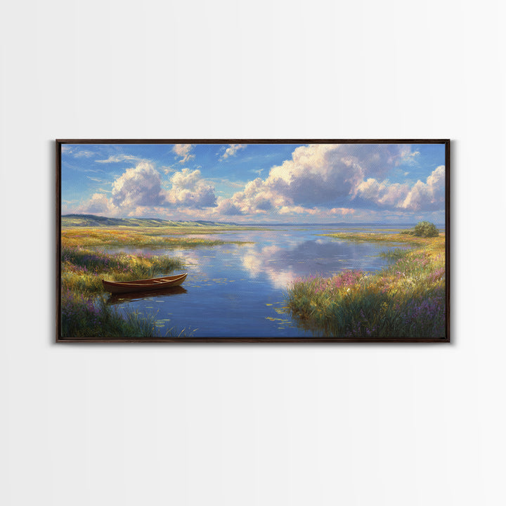 Tranquil Lake Landscape With A Wooden Rowboat in Soft Light Wall Art Framed Canvas Print for Living Room Decor and Home