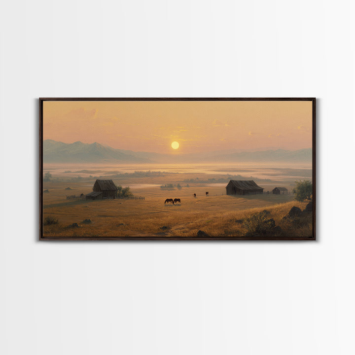 Golden Hour Peaceful Ranch Landscape With Horses Wall Art Framed Canvas Print Rustic Western Decor Original Landscape Home Decor