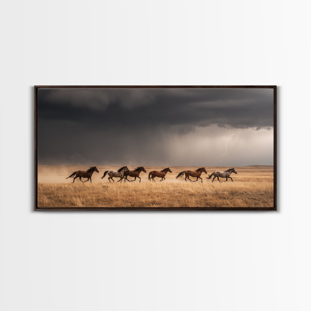 Majestic Wild Horses Running In Field Large Landscape Wall Art Framed Canvas Print Western Farmhouse Decor