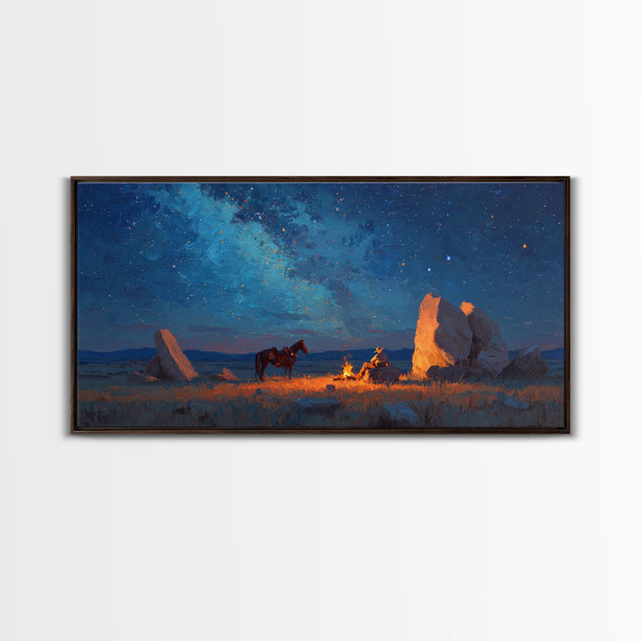 Western Cowboy Night Campfire Scene Oil Painting Canvas Print Large Wall Art Rustic Home Decor