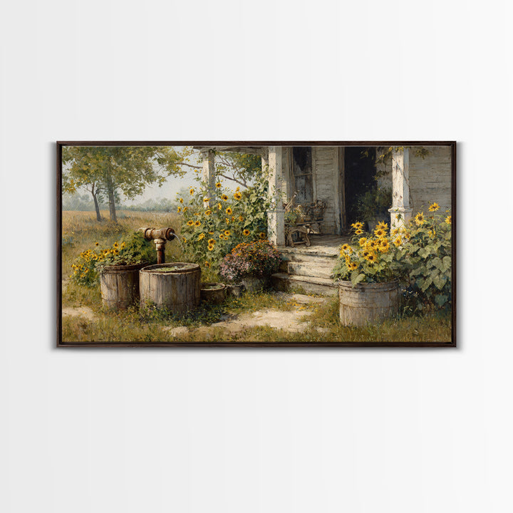 Charming Rustic Farmhouse Sunflower And Well Painting Warm Country Wall Art For Cozy Home Kitchen Decor Canvas Print