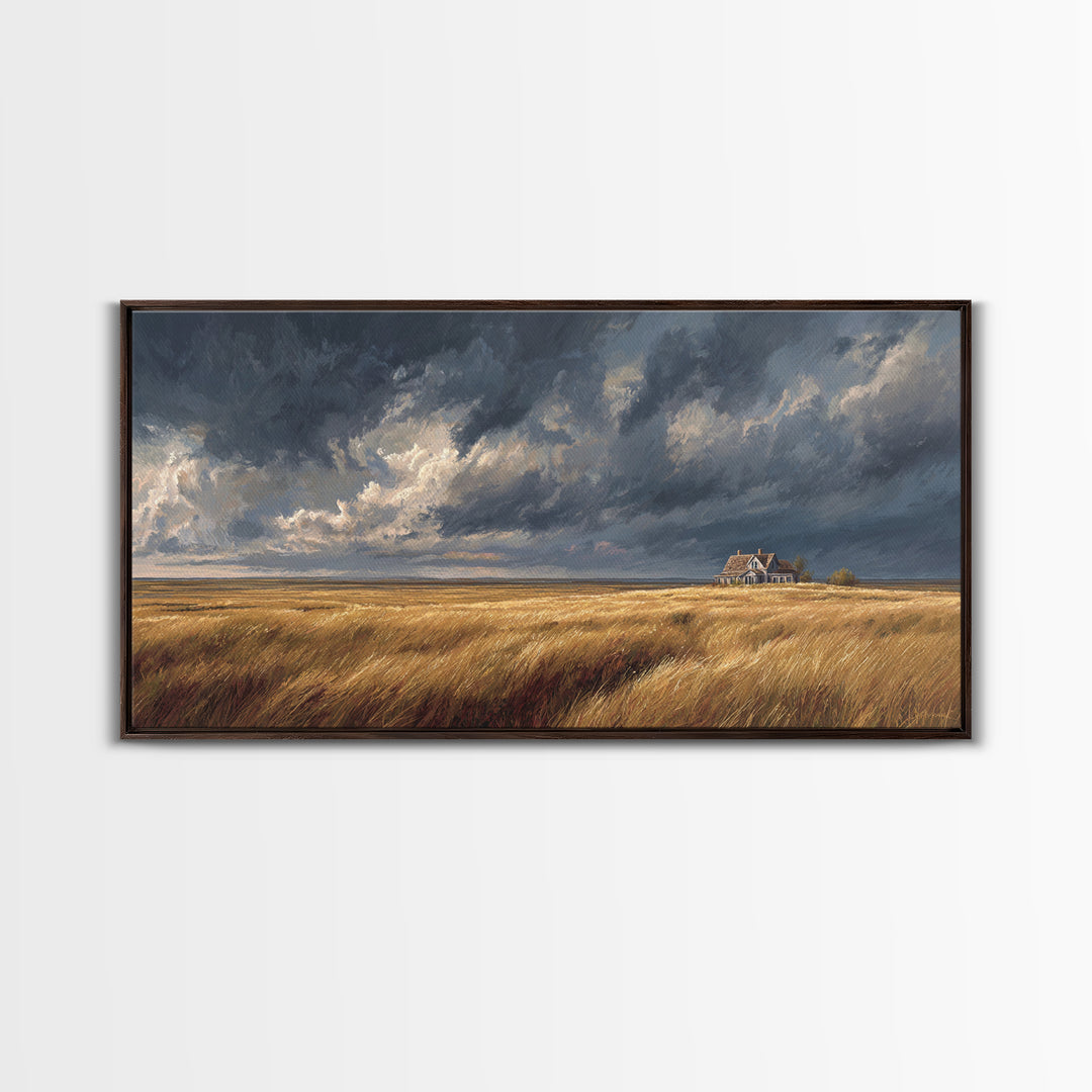 Golden Wheat Field With Rustic House Under Dramatic Sky Landscape Painting Canvas Print For Living Room Decor
