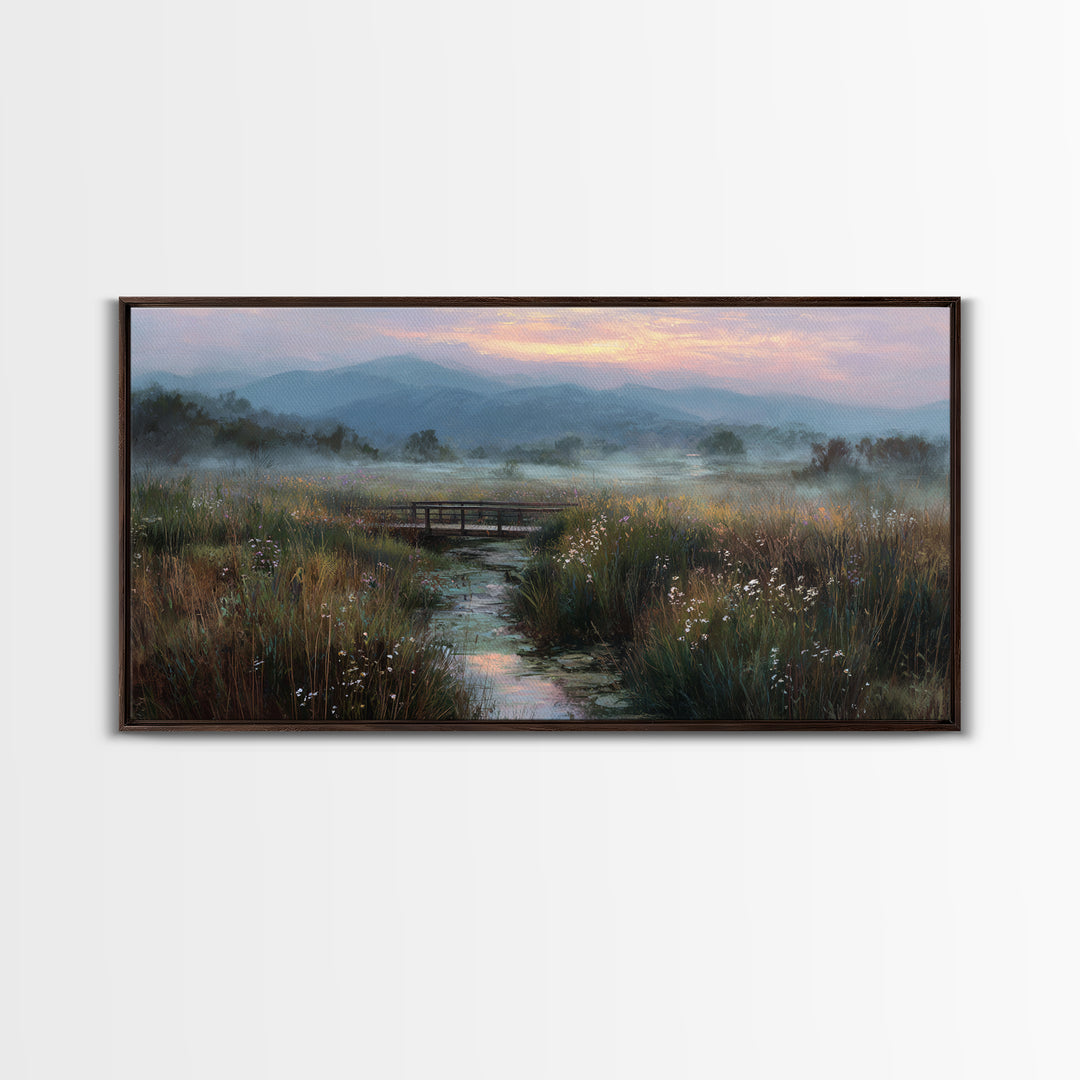 Tranquil Early Morning Meadow Landscape Oil Painting With Bridge Nature Wall Art For Rustic Home Decor Canvas Print