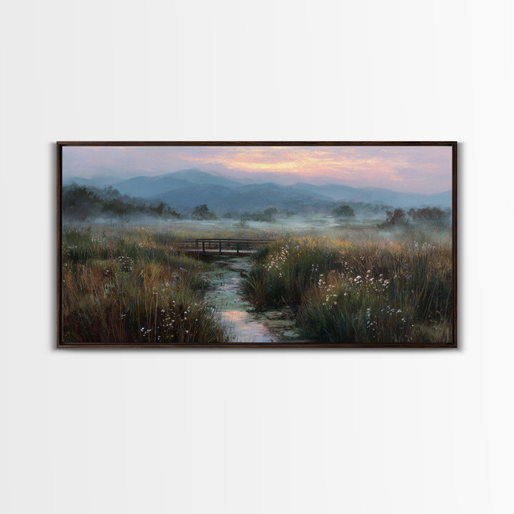 Tranquil Early Morning Meadow Landscape Oil Painting With Bridge Nature Wall Art For Rustic Home Decor Canvas Print