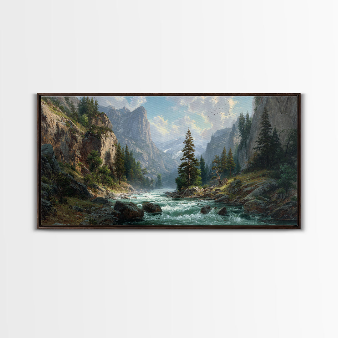 Majestic Mountain River Landscape Painting Large Wall Art Framed Canvas Print Rustic Home Decor Wall Hanging For Living Room Office