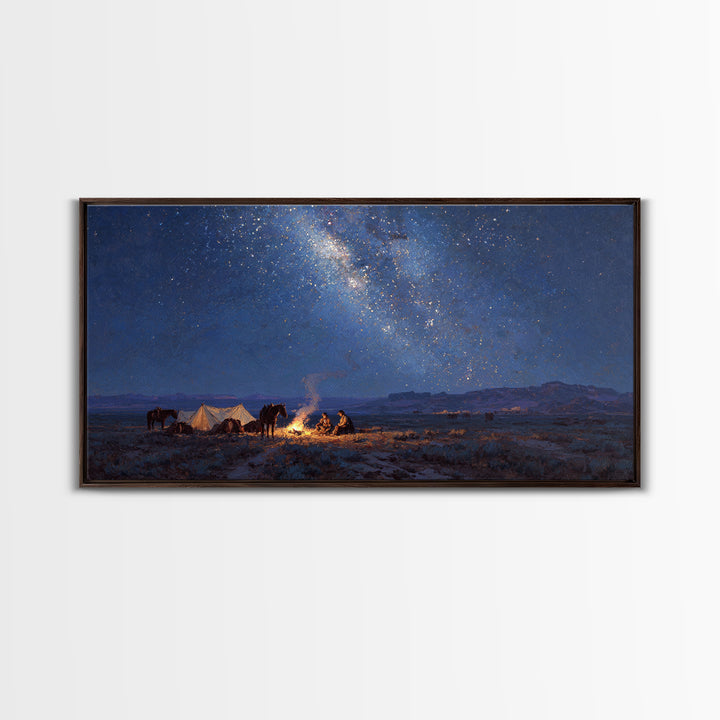 Western Night Landscape Painting With Campfire And Horses Under Starry Sky Wall Art