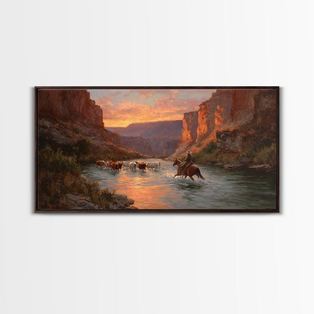 Peaceful Cowboy Herding Cattle At Sunset In Expansive Western Landscape Oil Painting Large Wall Art For Rustic Decor