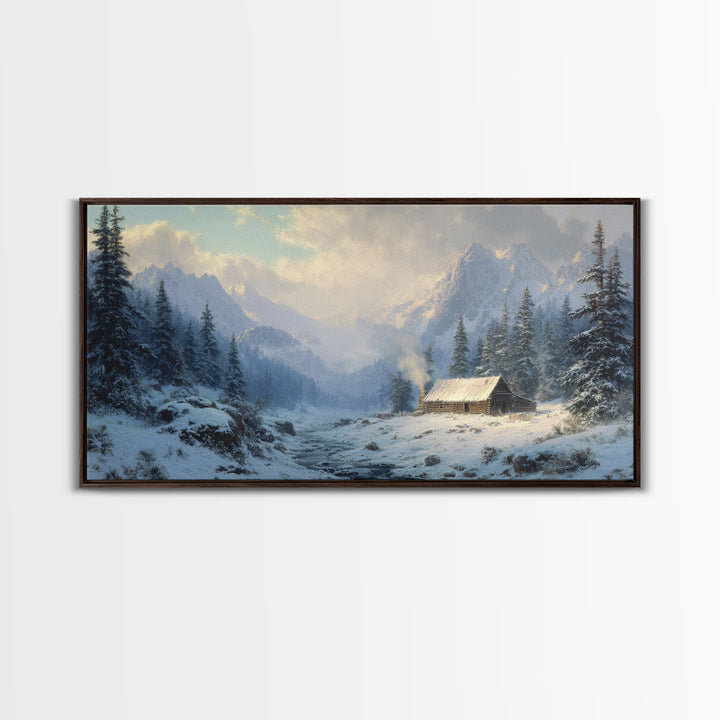 Classic Winter Cabin In Snowy Mountain Landscape Wall Art Framed Canvas Print Rustc Lodge Decor Cabin Wall Art Gift For Men