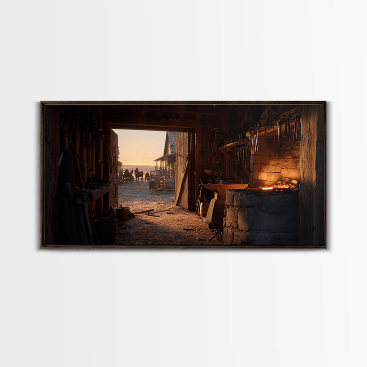 Rustic Blacksmith Forge Interior With Horses Silhouettes Wall Art Canvas Print For Western Decor And Farmhouse Style Home