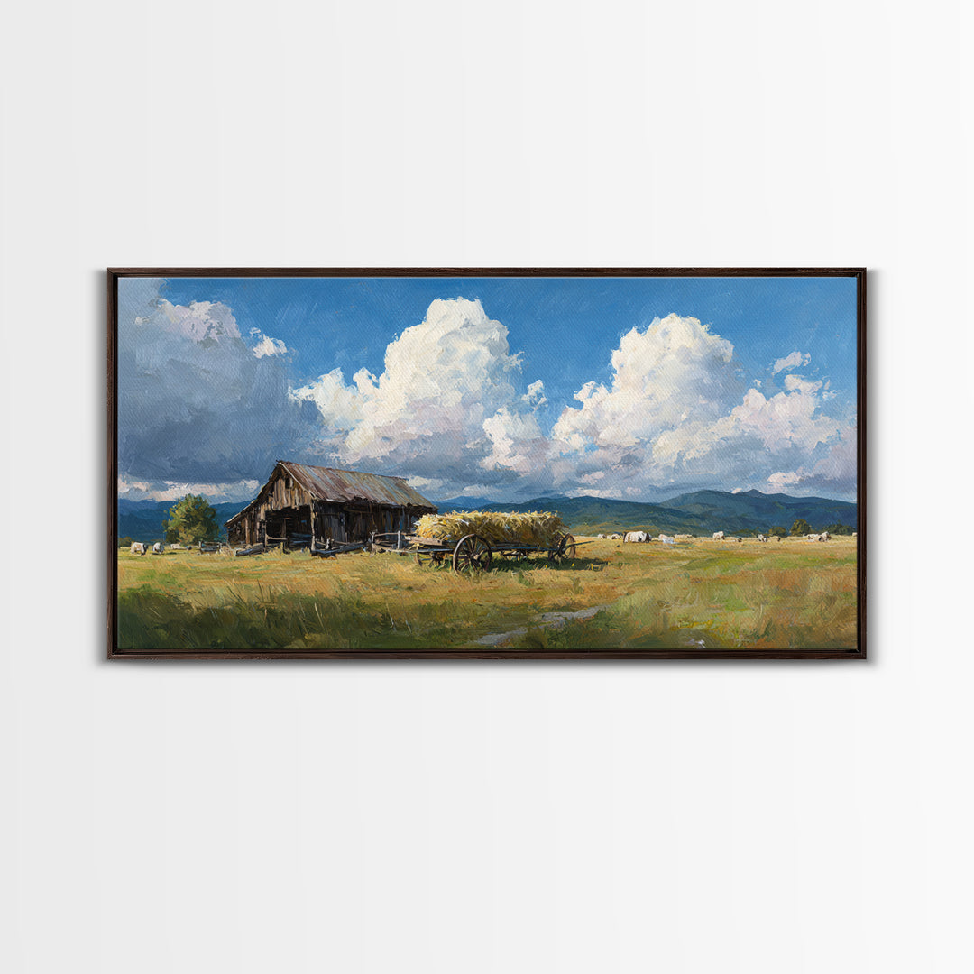 Rustic Barn Landscape Oil Painting Large Wall Art For Farmhouse Decor And Living Room Canvas Print