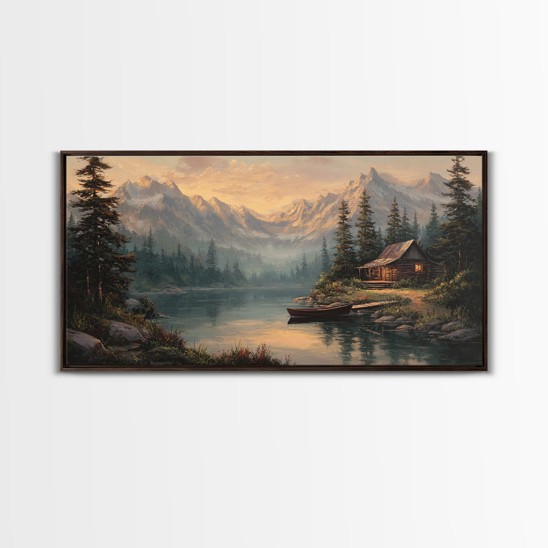Peaceful Lake Cabin Landscape Canvas Print Quiet Rustic Wall Art Home Decor Tranquil Nature Scene