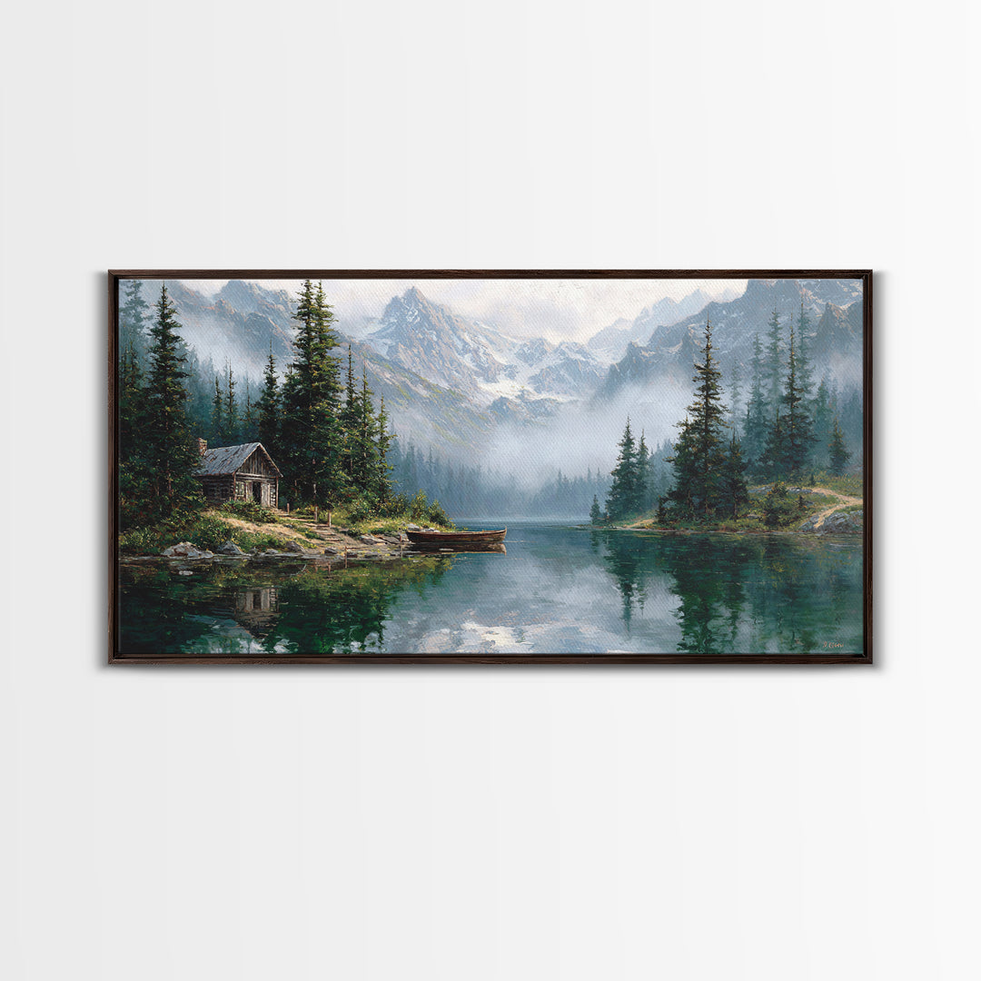 Serene Lake And Mountain Landscape Painting Canvas Print Large Wall Art Rustic Home Decor Nature Wall Art Framed Canvas Print