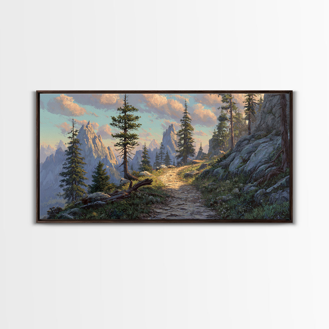 Mountain Landscape With Pine Trees And Rocky Path Scenic Nature Wall Art Framed Canvas Print For Living Room Decor