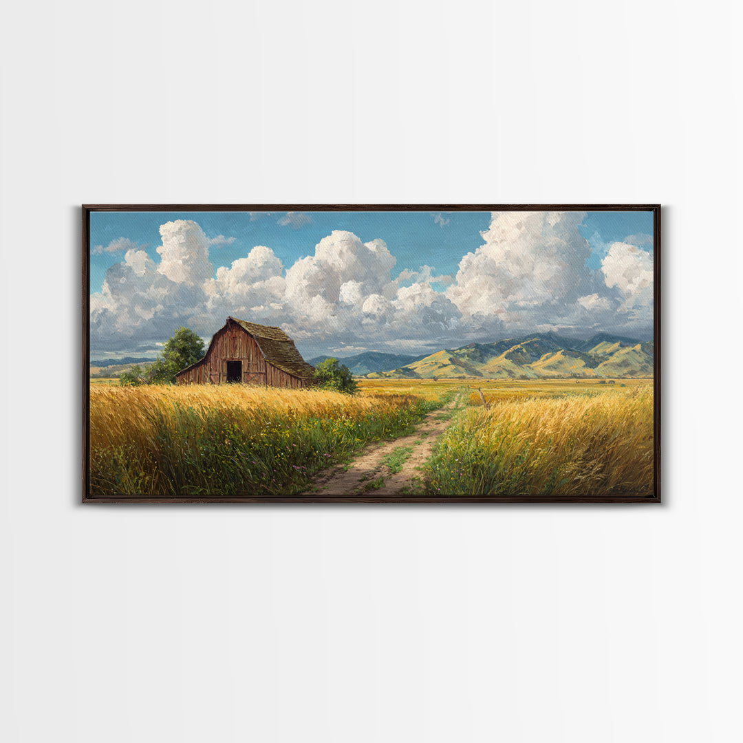 Classic Country Barn in Golden Autumn Field With Mountain Backdrop Oil Painting Canvas Print Wall Art for Rustic Home Decor