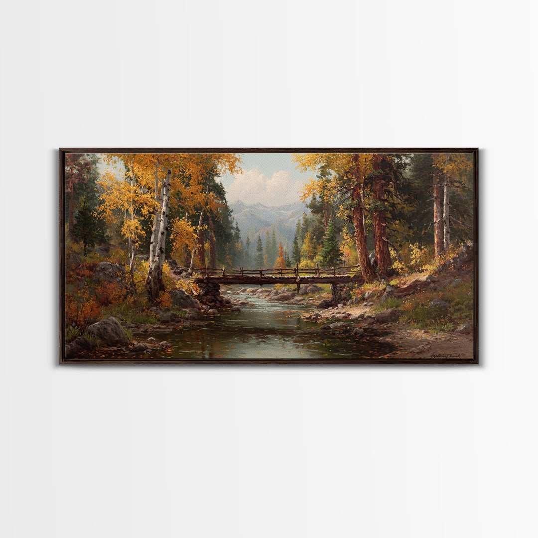 Peaceful Autumn Forest Landscape With Creek And Wooden Bridge Oil Painting Wall Art Framed Canvas Print