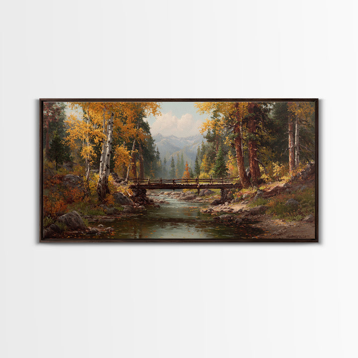 Peaceful Autumn Forest Landscape With Creek And Wooden Bridge Oil Painting Wall Art Framed Canvas Print