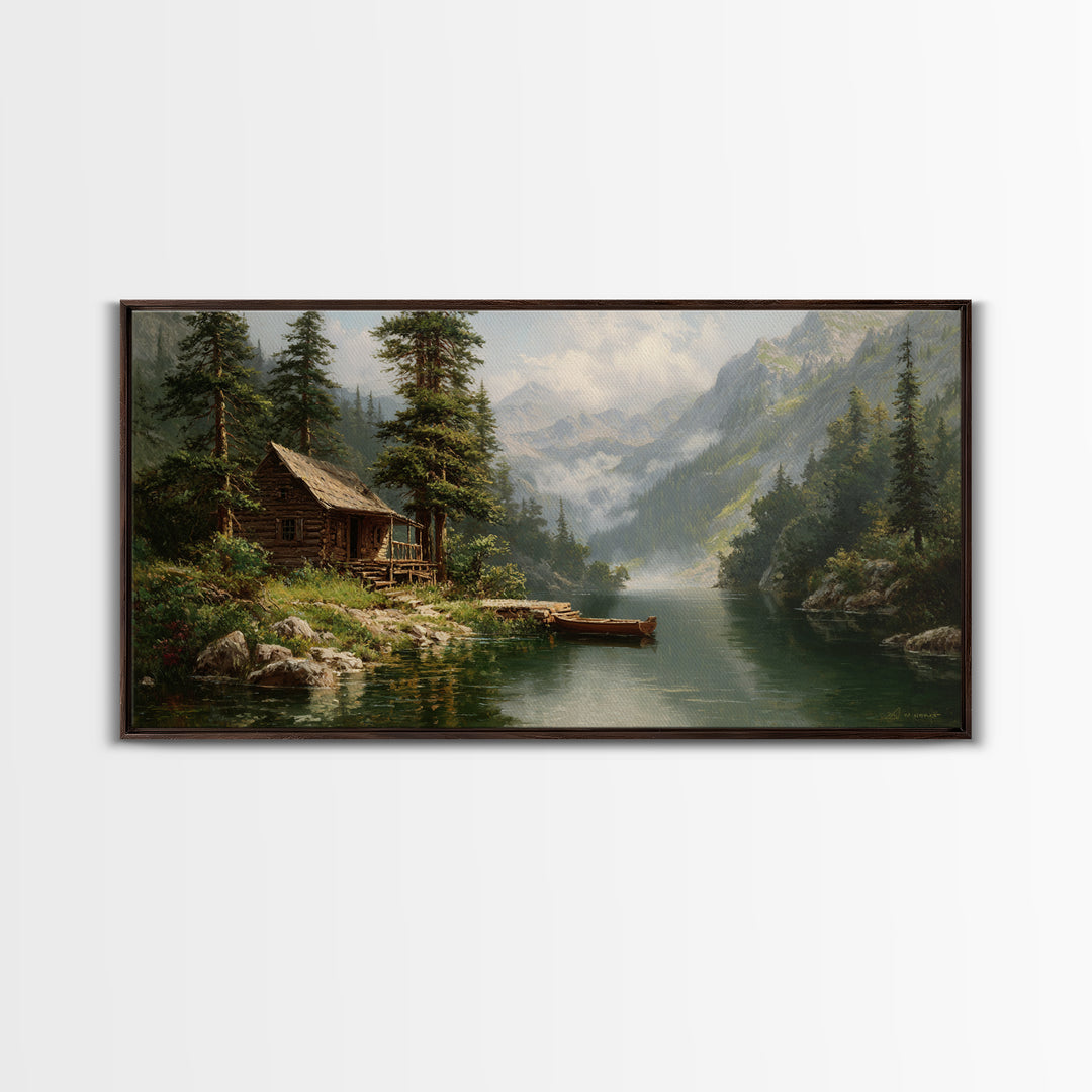 Peaceful Riverside Cabin Landscape Painting Wall Art Framed Canvas Print Rustic Home Decor Large Art Print