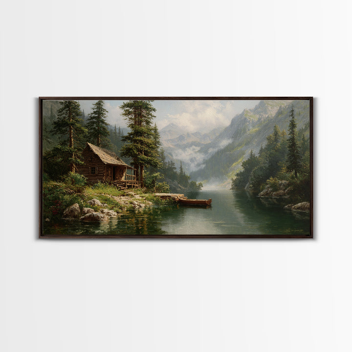 Peaceful Riverside Cabin Landscape Painting Wall Art Framed Canvas Print Rustic Home Decor Large Art Print