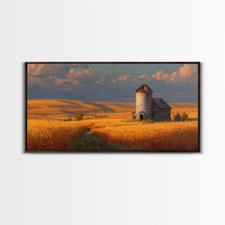 Rustic Barn In Golden Wheat Field Landscape Painting Beautiful Country Scene Wall Art Framed Canvas Print For Farmhouse Decor