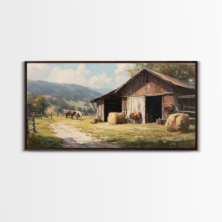 Rustic Western Hay Bales And Horses In Countryside Oil Painting Canvas Print For Farmhouse Wall Art And Country Home Decor