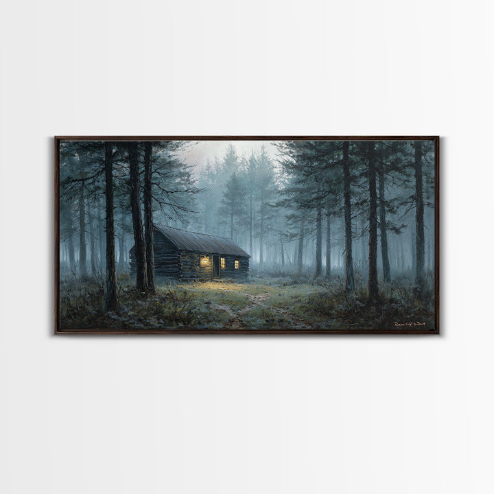 Misty Forest Cabin Landscape Wall Art Framed Canvas Print Cozy Rustic Home Decor Nature Painting