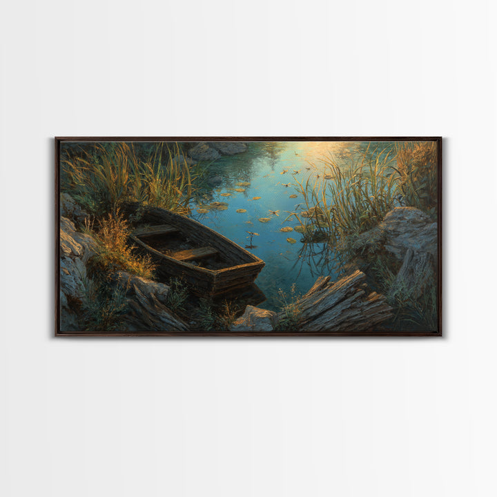 Rustic Oil Painting Capturing Quiet Lakeside With Old Wooden Boat Among Calm Water And Rocks Serene Nature Wall Art For Home Decor Framed Canvas Print