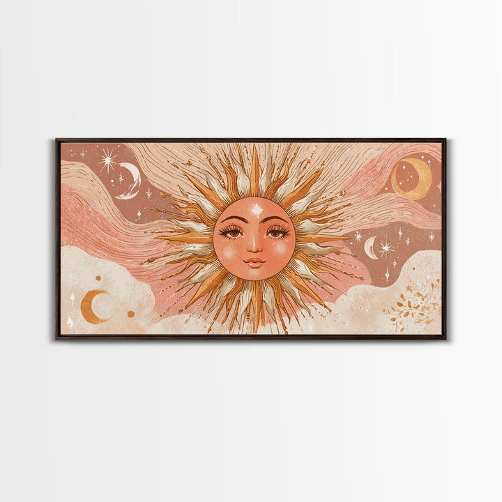 Boho Sun Face Wall Art, Celestial Moon And Stars Illustration, Terracotta Mystical Decor, Whimsical Nursery Art Print Gift
