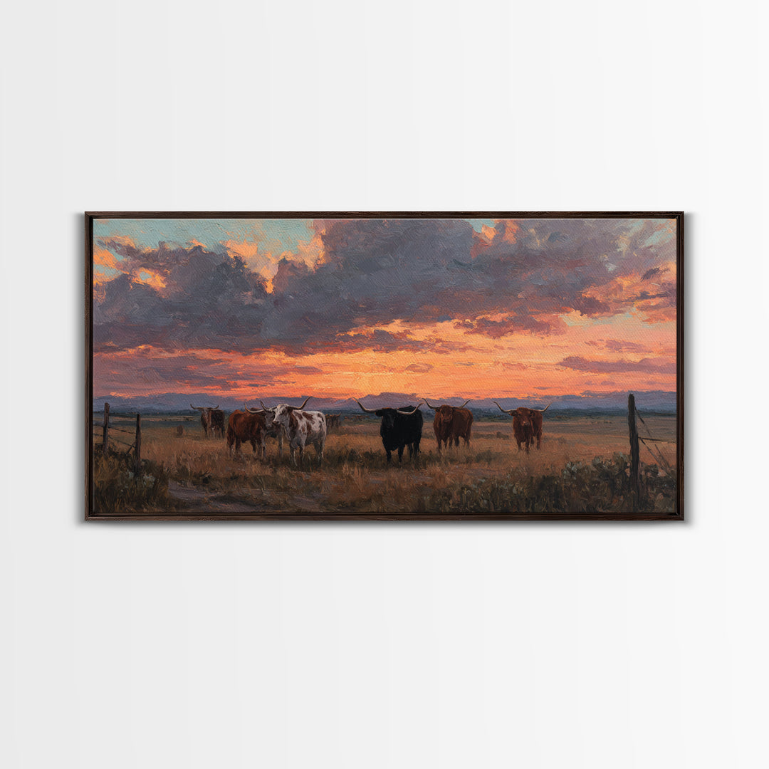 Dramatic Sunset Over Cattle Ranch With Vibrant Sky And Silhouetted Herd Canvas Print Large Wall Art For Rustic Decor