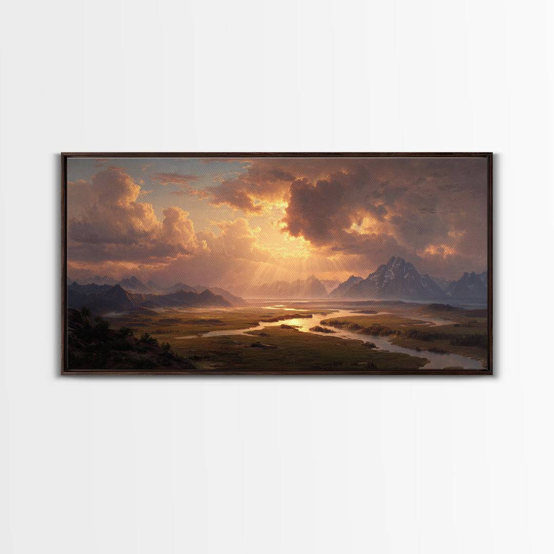 Sunset Mountain River Landscape Wall Art With Warm Golden Light Rays Illuminating Nature For Rustic Home Decor And Large Canvas Print