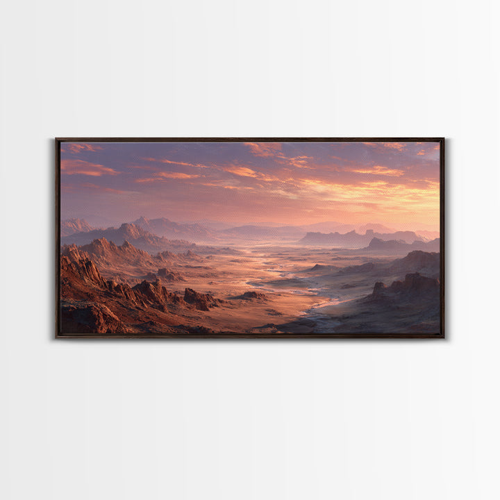Expansive Desert Canyon Landscape With Warm Sunset Glow Moody Wall Art Framed Canvas Print Suitable For Living Room Decor