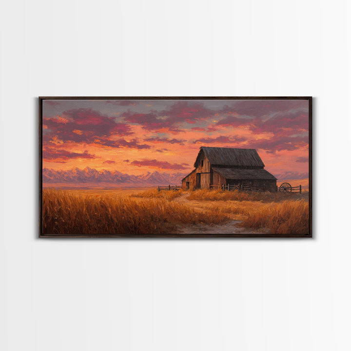 Rustic Old Wooden Barn With Wheat Field Landscape Rustic Wall Art Painted Canvas Print Farmhouse Decor Framed Wall Art
