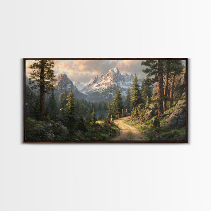 Majestic Mountain Path With Lush Pine Trees Wall Art Framed Canvas Print Landscape Painting For Rustic Home Decor Cabin Art