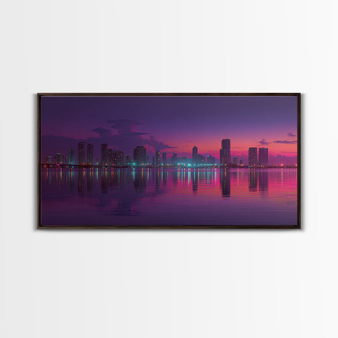 City Skyline At Dusk Stunning Sunset Colors Reflecting On Water Large Wall Art Framed Canvas Print Home Decor