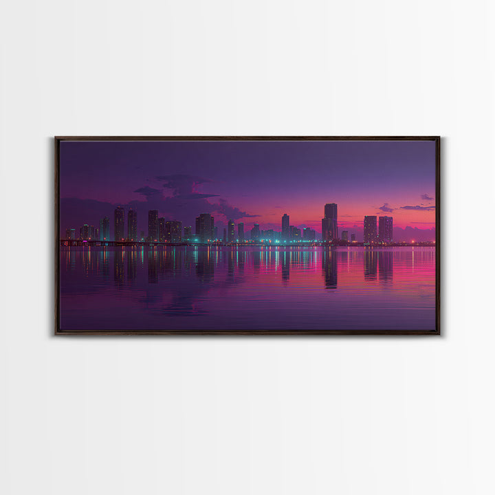 City Skyline At Dusk Stunning Sunset Colors Reflecting On Water Large Wall Art Framed Canvas Print Home Decor