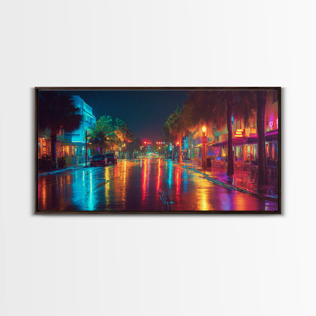 Colorful Night City Street With Neon Lights And Reflections On Wet Pavement Modern Wall Art Print Canvas