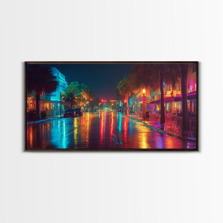 Colorful Night City Street With Neon Lights And Reflections On Wet Pavement Modern Wall Art Print Canvas
