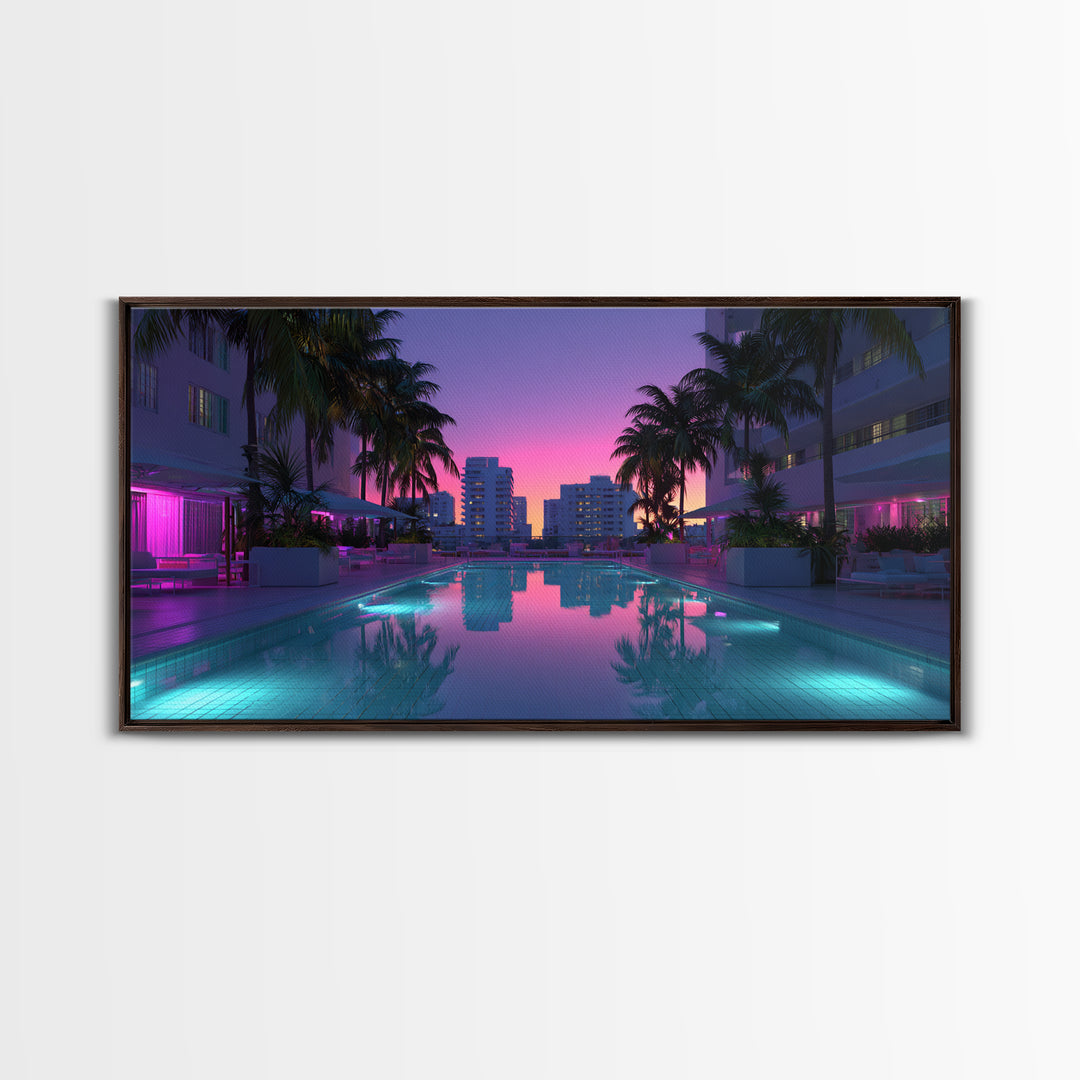 Luxury Modern Miami City Pool Sunset Palm Trees Reflected In Water For Chic Living Room Decor Framed Canvas Print