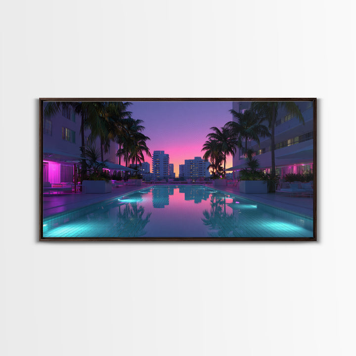 Luxury Modern Miami City Pool Sunset Palm Trees Reflected In Water For Chic Living Room Decor Framed Canvas Print