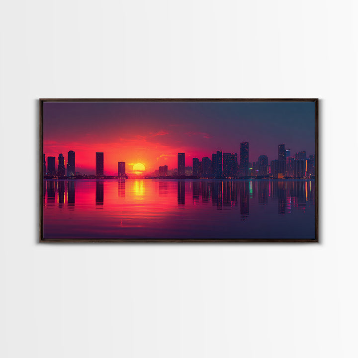 Vibrant Sunset Over City Skyline Reflected On Water Contemporary Wall Art For Living Room Decor Framed Canvas Print With Modern Home Decor Appeal