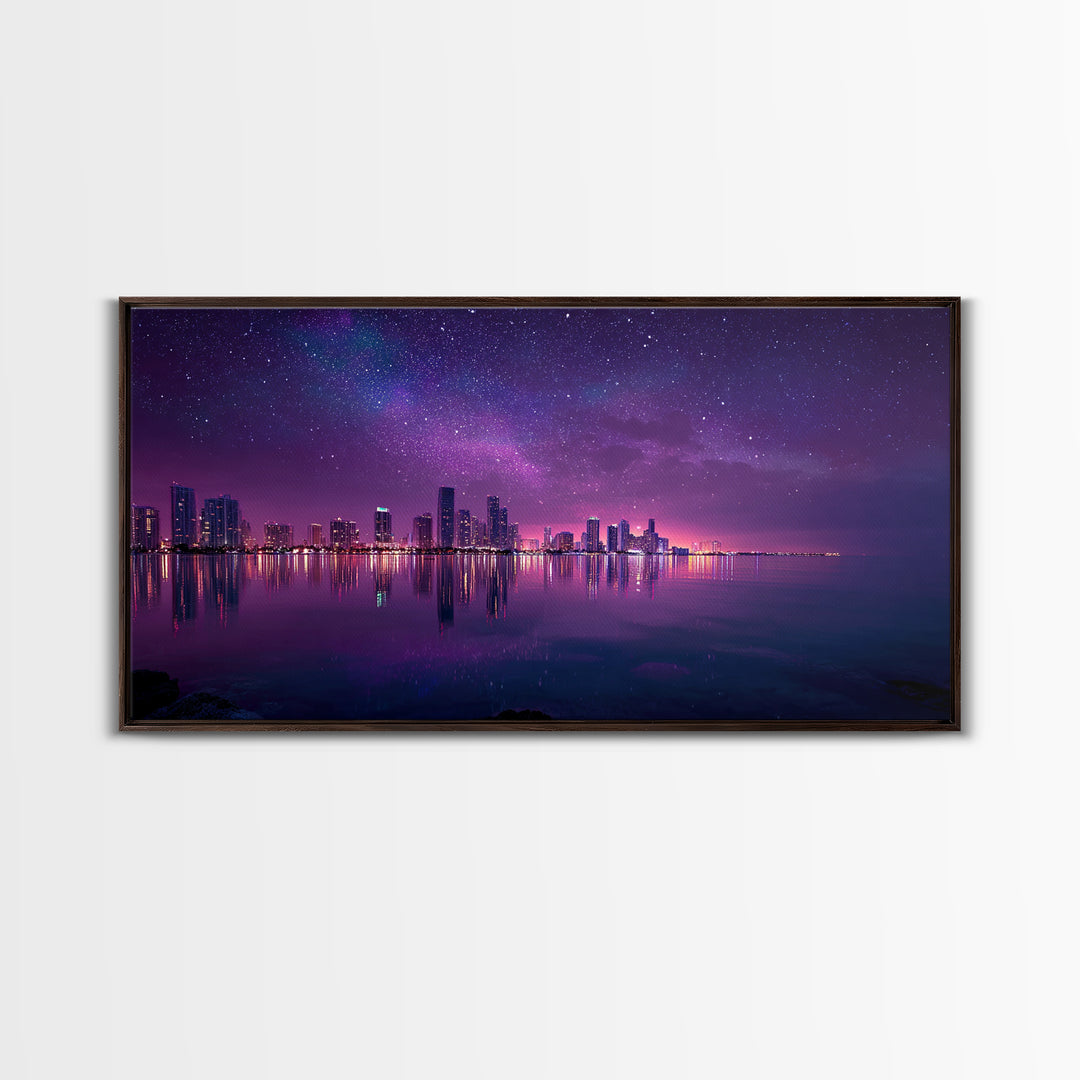 Vibrant Neon Purple City Skyline At Night With Starry Sky Reflections Wall Art Modern Wall Decor Canvas Print