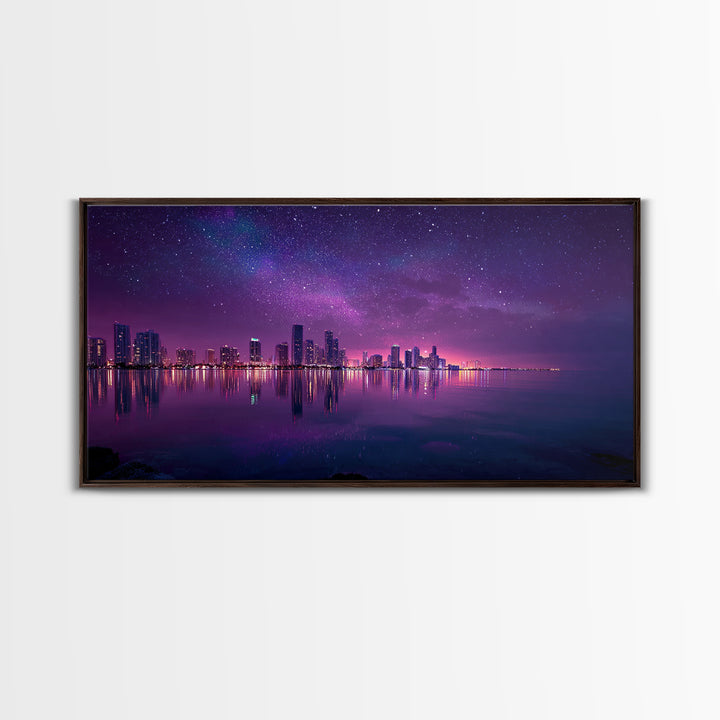 Vibrant Neon Purple City Skyline At Night With Starry Sky Reflections Wall Art Modern Wall Decor Canvas Print