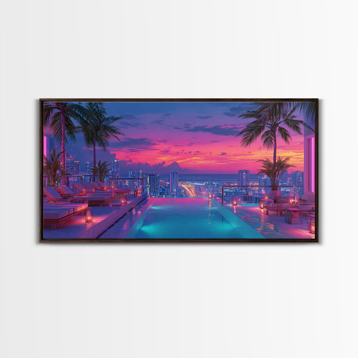 Vibrant Sunset Rooftop Pool Scene With Palm Trees And Cityscape Background Wall Art For Home Decor Framed Canvas Print