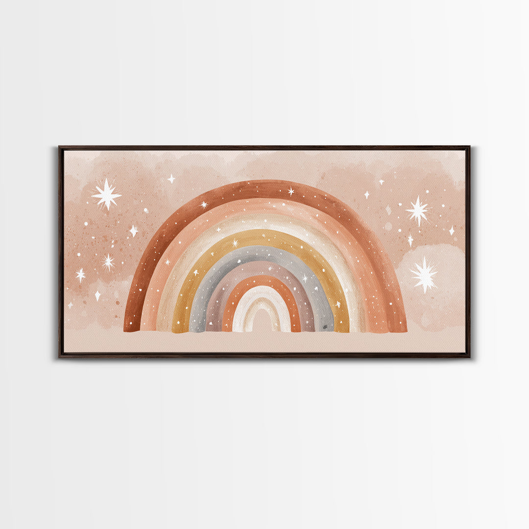 Starry Watercolor Rainbow Wall Art, Pastel Nursery Decor, Kids Room Wall Art, Boho Prints, Baby Shower Gift, Framed Canvas Print