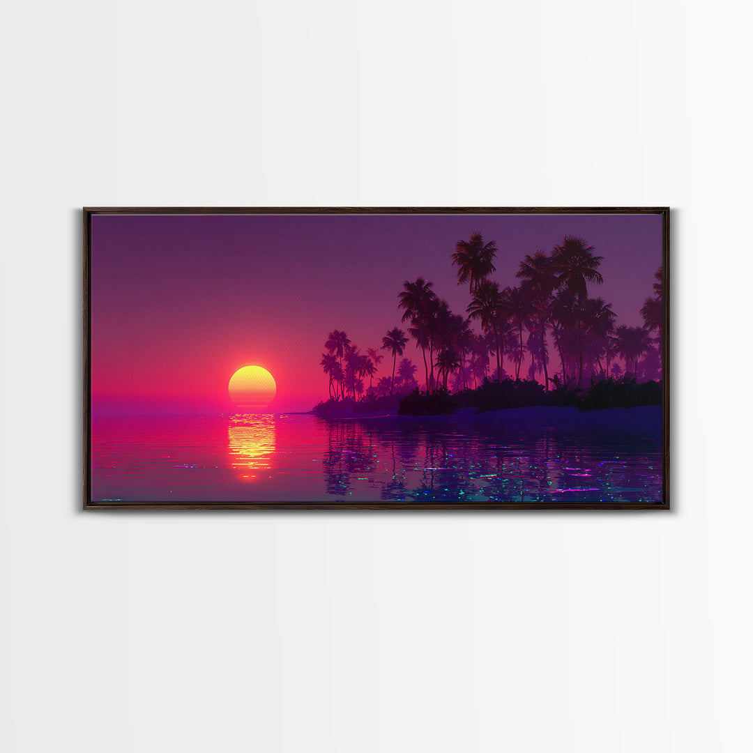 Tropical Sunset Beach Scene With Palm Trees Framed Canvas Print, Vibrant Coastal Wall Art For Living Room And Tropical Home Decor