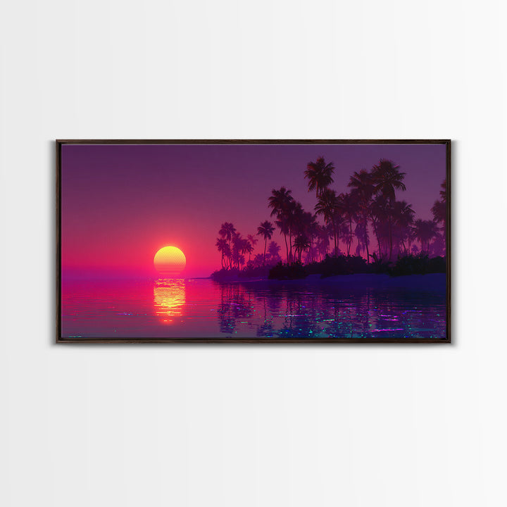 Tropical Sunset Beach Scene With Palm Trees Framed Canvas Print, Vibrant Coastal Wall Art For Living Room And Tropical Home Decor