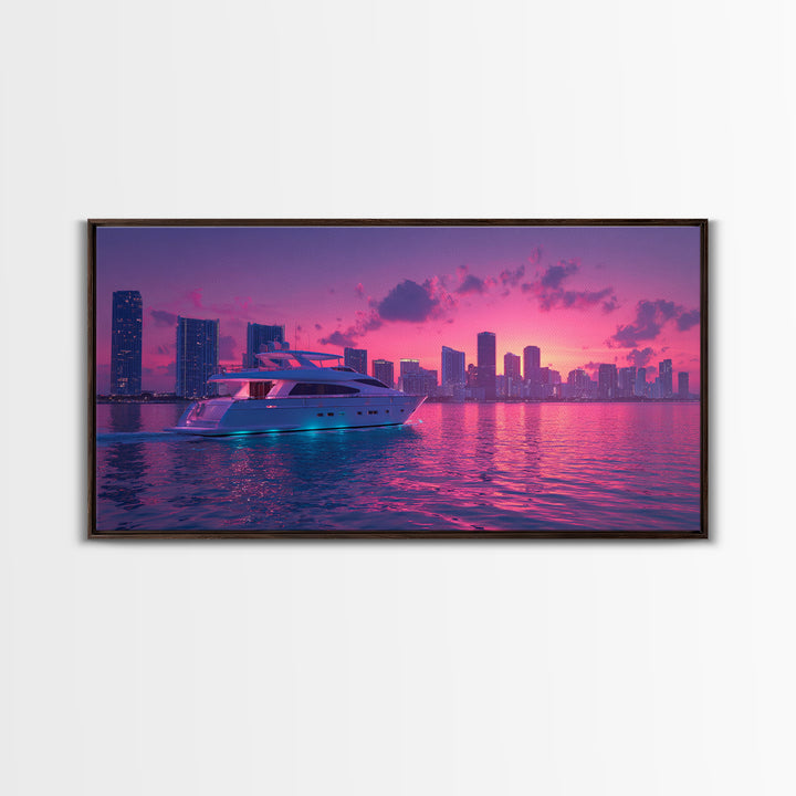 Luxury Yacht Sailing At Vibrant Pink Sunset Skyline With Modern Cityscape Featured As Wall Art For Home Decor