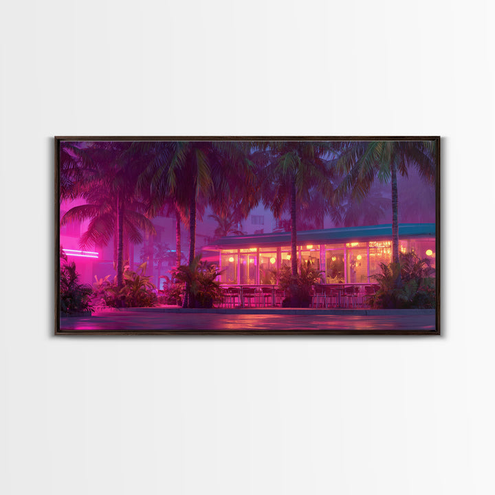 Vibrant Neon Lit Tropical Cafe At Night Palm Trees Retro Miami Style Wall Art Prints For Home Decor