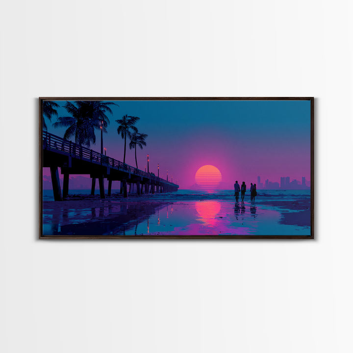 Vibrant Neon Sunset Beach Scene With Silhouettes Of People Framed Canvas Print Coastal Wall Art For Modern Living Room And Bedroom Decor